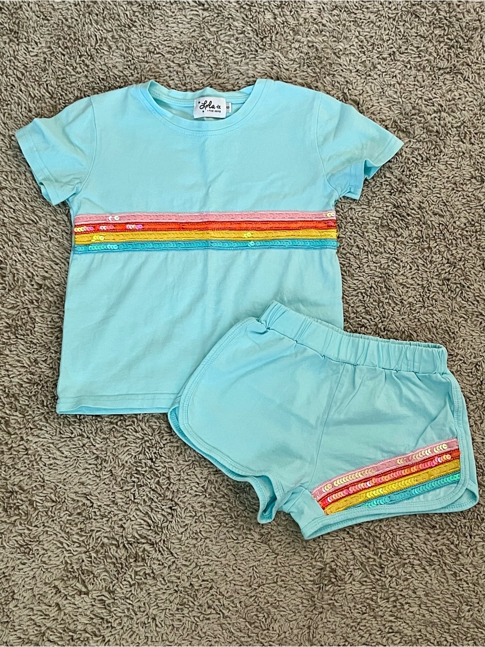 Lola + The Boys Aqua Blue Rainbow Sequin Kids Matching Set